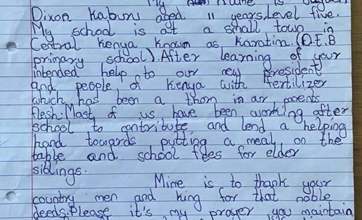 Kenya : Un enfant de 11 ans remercie dans une lettre le Roi Mohammed VI pour l’envoi de fertilisants