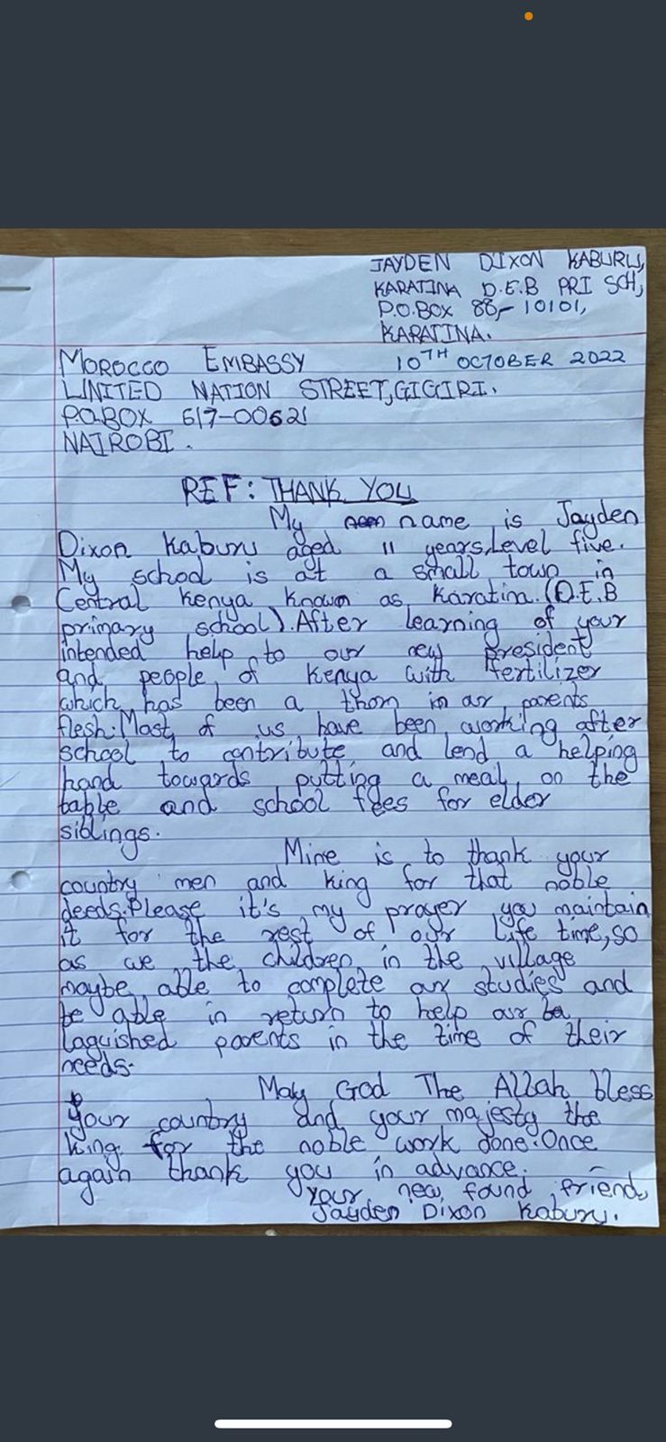 Kenya : Un enfant de 11 ans remercie dans une lettre le Roi Mohammed VI pour l’envoi de fertilisants