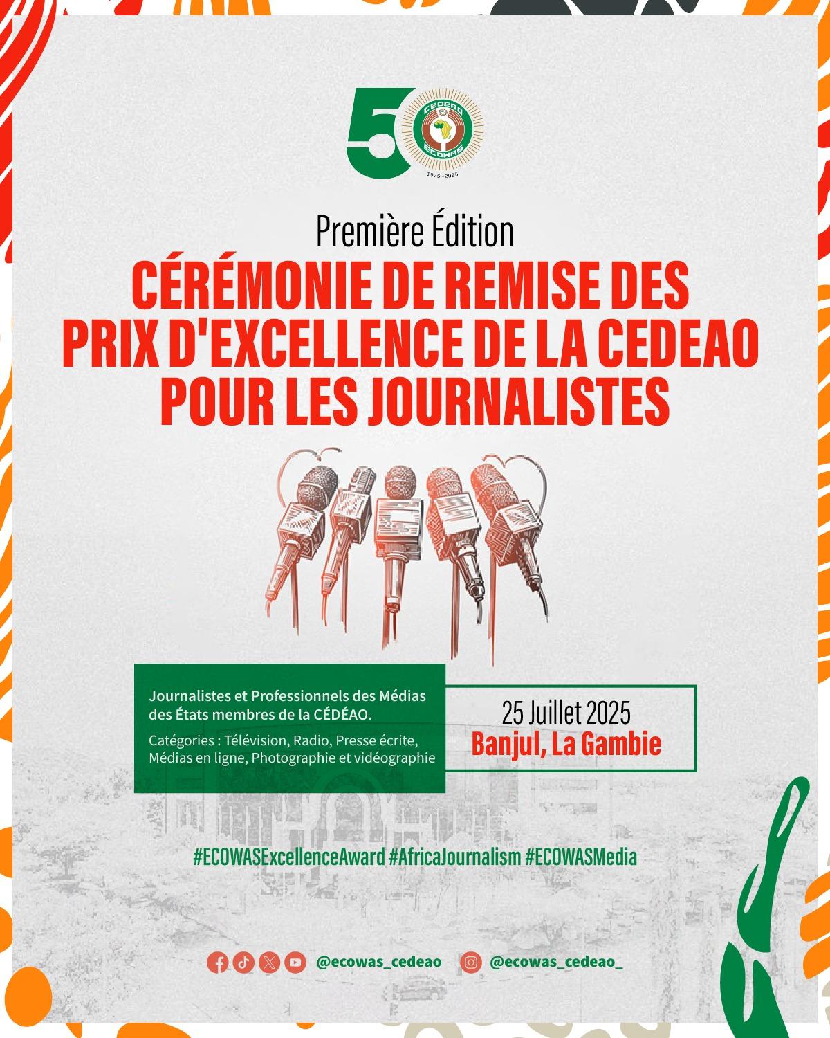 La CEDEAO organise le 25 juillet, la cérémonie de remise de son Prix d’excellence pour les journalistes